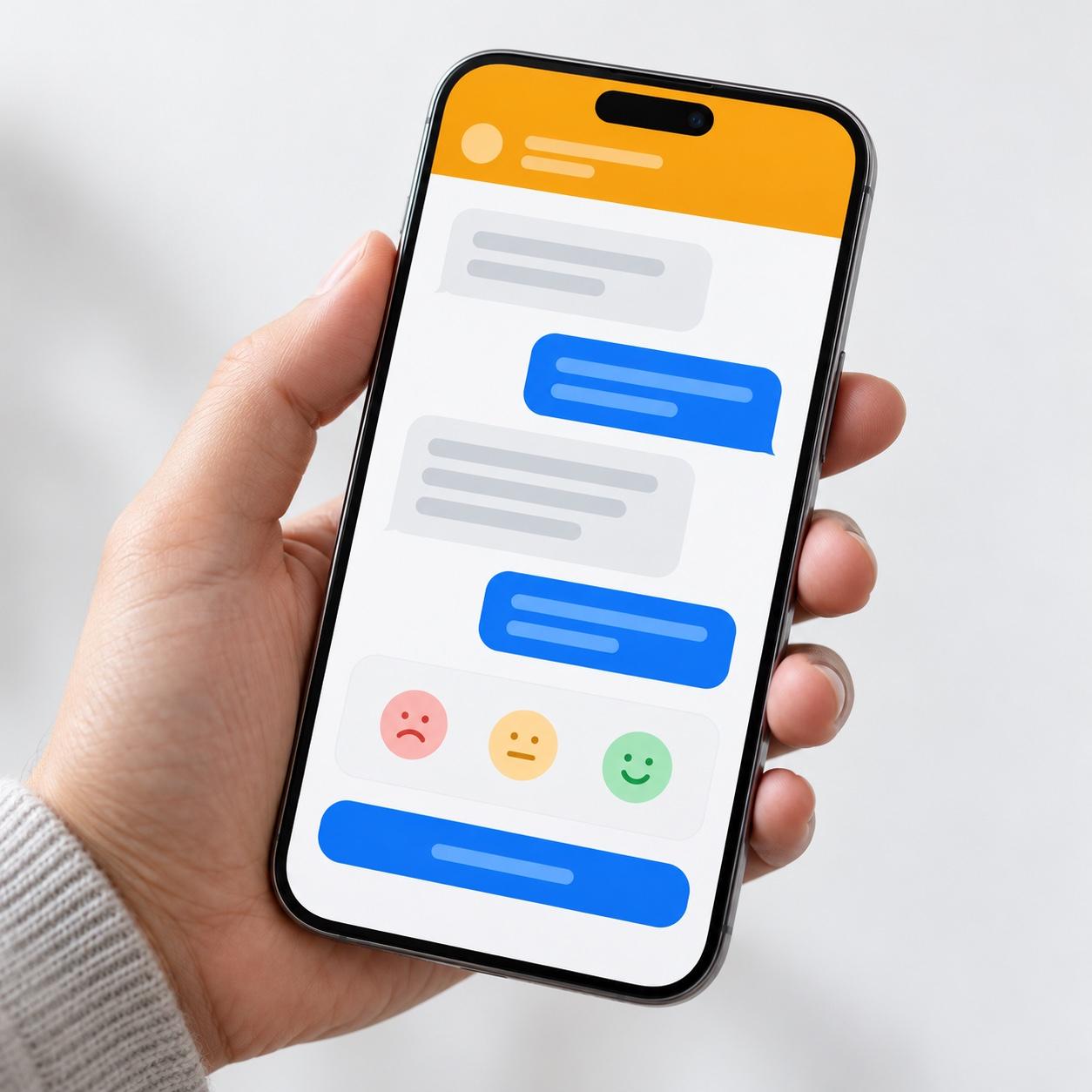 A hand holding a smartphone with a support chat widget open